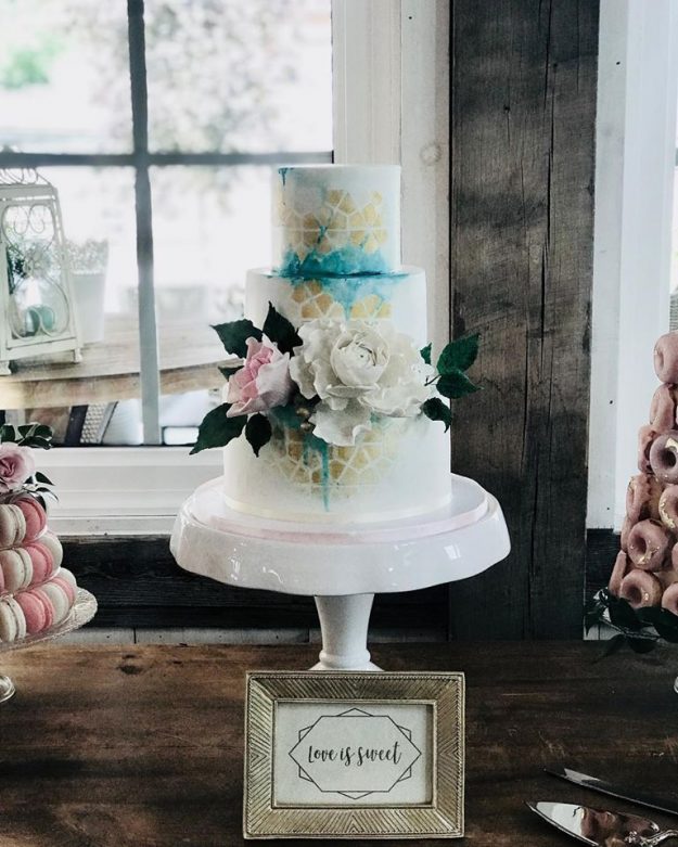 A mix of stencil and water colour wedding cake ottawa custom designer